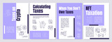 Taxation for cryptocurrency transactions purple brochure template. Leaflet design with linear icons. Editable 4 vector layouts for presentation, annual reports. Anton, Lato-Regular fonts used