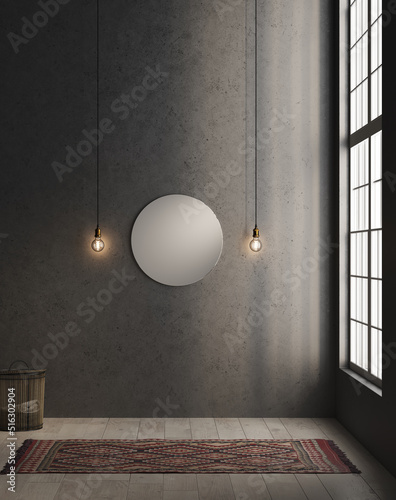 Architecture, dark walls and large window. Walls covered with gray tiles and parquet flooring with wooden shelves. Ethnic rug, Decorative elements of a round mirror and two lights hanging from the cei