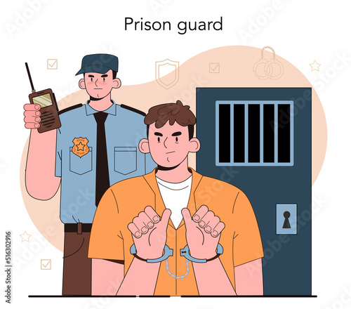 Prison guard concept. Police officer convoying angry arrested criminal