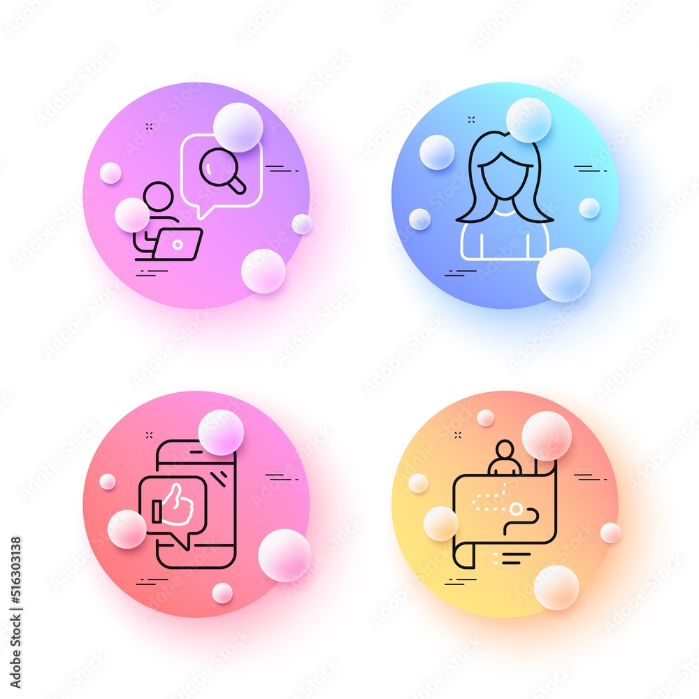 Mobile like, Journey path and Woman minimal line icons. 3d spheres or balls buttons. Inspect icons. For web, application, printing. Phone thumbs up, Project process, Girl profile. Search info. Vector Mobile like, Journey path and Woman minimal line icons. 3d spheres or balls buttons. Inspect icons. For web, application, printing. Phone thumbs up, Project process, Girl profile. Search info. Vector