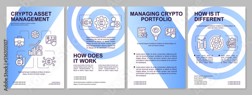 Management of crypto asset blue brochure template. Blockchain. Leaflet design with linear icons. Editable 4 vector layouts for presentation, annual reports. Arial, Myriad Pro-Regular fonts used