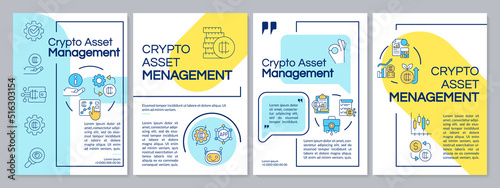Tokenized assets management blue and yellow brochure template. Crypto. Leaflet design with linear icons. Editable 4 vector layouts for presentation, annual reports. Questrial, Lato-Regular fonts used