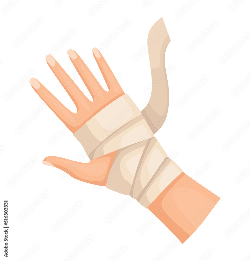 Hands injured skin and procedures of bandaging. First aid for wound. Medicine cure or treatment. First emergency help for human hand trauma Hands injured skin and procedures of bandaging. First aid for wound. Medicine cure or treatment. First emergency help for human hand trauma