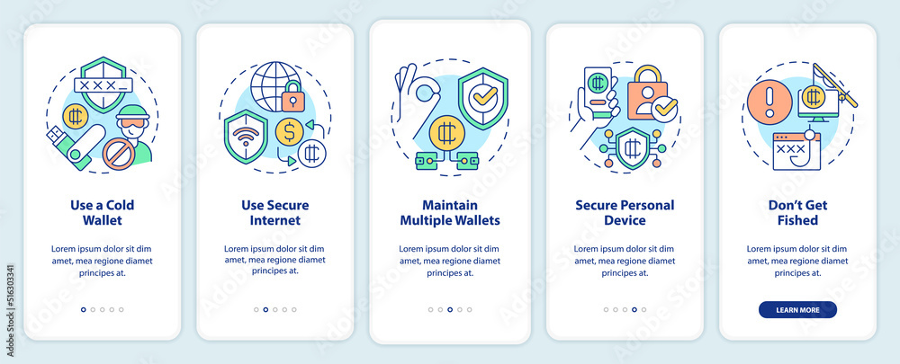 Crypto wallet security onboarding mobile app screen. Earnings safety walkthrough 5 steps editable graphic instructions with linear concepts. UI, UX, GUI template. Myriad Pro-Bold, Regular fonts used