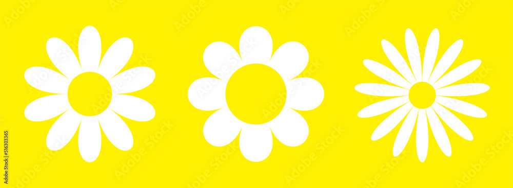 Camomile daisy set line. Three white chamomile icon. Cute round flower plant collection. Love card symbol. Growing concept. Flat design. Isolated. Yellow background. Camomile daisy set line. Three white chamomile icon. Cute round flower plant collection. Love card symbol. Growing concept. Flat design. Isolated. Yellow background.