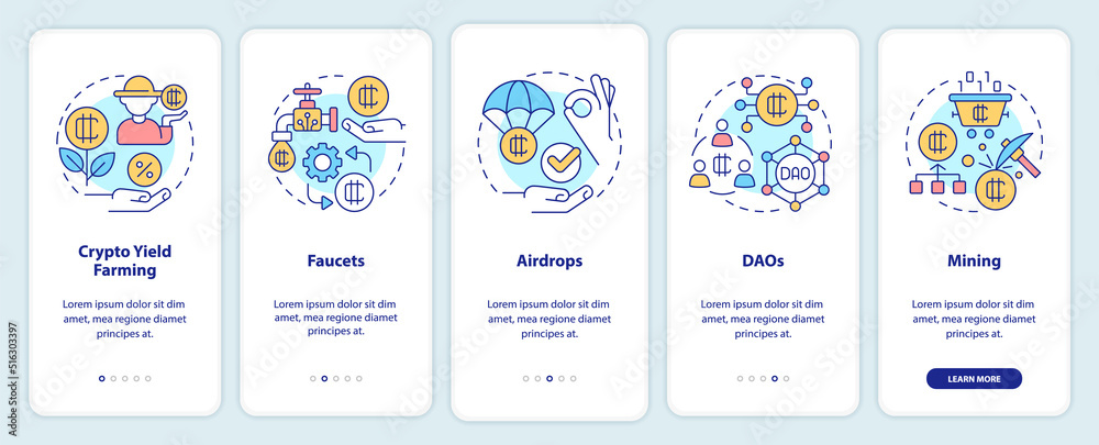 Ways to make money on cryptocurrency onboarding mobile app screen. Walkthrough 5 steps editable graphic instructions with linear concepts. UI, UX, GUI template. Myriad Pro-Bold, Regular fonts used Ways to make money on cryptocurrency onboarding mobile app screen. Walkthrough 5 steps editable graphic instructions with linear concepts. UI, UX, GUI template. Myriad Pro-Bold, Regular fonts used