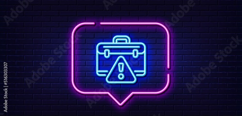 Neon light speech bubble. Warning briefcase line icon. Attention triangle sign. Caution diplomat symbol. Neon light background. Warning briefcase glow line. Brick wall banner. Vector photo