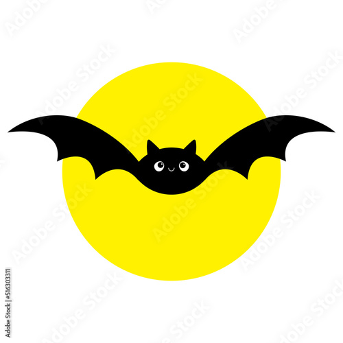 Happy Halloween. Bat flying. Big yellow moon. Cute cartoon kawaii funny baby animal charater. Black silhouette. Greeting card template. Sticker. Flat design. Orange background. Isolated.