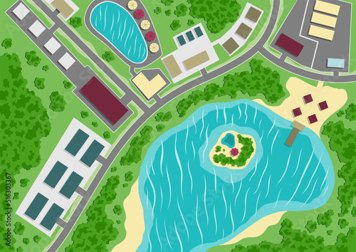 Suburban map. Village with lake, aerial view. Editable vector plan of generic residential area. GPS, city navigation with roads buildings, park and lake