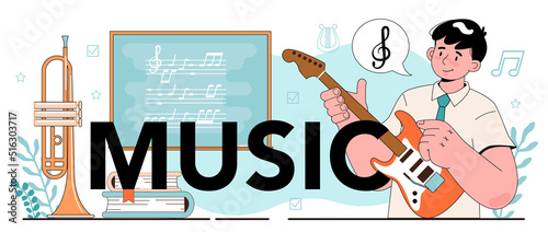Music typographic header. Students learn to play music. Young musician