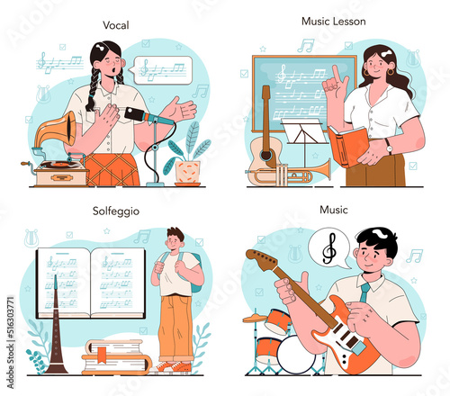 Music school or course set. Students learn to play music. Young musician