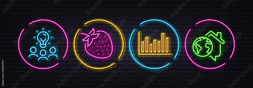 Strawberry, Business idea and Bar diagram minimal line icons. Neon laser 3d lights. Work home icons. For web, application, printing. Fresh fruit, Meeting people, Statistics infochart. Vector