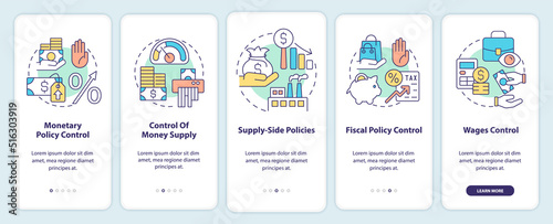 Controlling inflation onboarding mobile app screen. Walkthrough 5 steps editable graphic instructions with linear concepts. UI, UX, GUI template. Myriad Pro-Bold, Regular fonts used