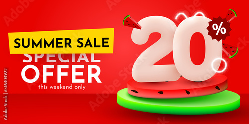 20 percent Off. Discount creative composition. Summer sale banner with watermelon. Sale banner and poster.