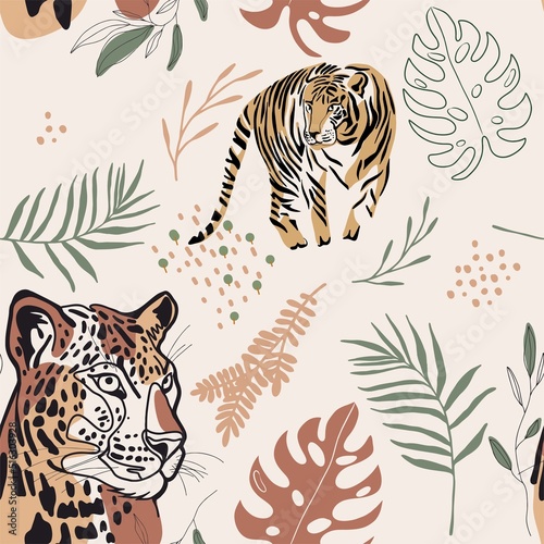 Tiger and leopard seamless pattern with floral elements vector