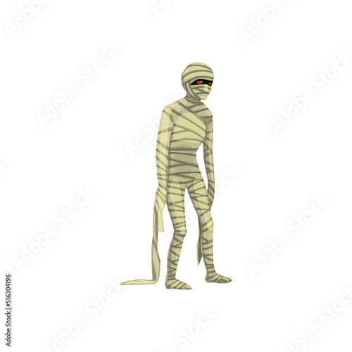 Cartoon spooky mummy Halloween character, isolated vector bandaged monster. Eerie personage, costume for kids party, horror egyptian mummified human body with red glowing eyes wrapped in bandage