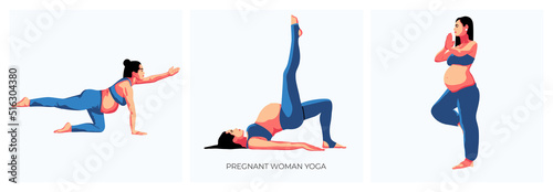 Set of happy pregnant girls in a sports suit doing yoga and exercises for health and relaxation. International Yoga Day. The pregnant woman performs aerobics exercises and morning meditation at home.