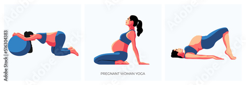 Set of happy pregnant girls in a sports suit doing yoga and exercises for health and relaxation. International Yoga Day. The pregnant woman performs aerobics exercises and morning meditation at home.