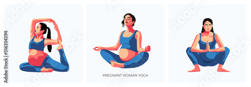 Set of happy pregnant girls in a sports suit doing yoga and exercises for health and relaxation. International Yoga Day. The pregnant woman performs aerobics exercises and morning meditation at home.