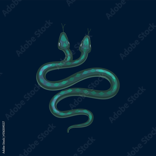 Halloween snake with two heads, magic occult character, kingsnake vector personage. Two-headed reptile animal with long tongue top view. Autumn holiday serpent cartoon mascot, isolated single object