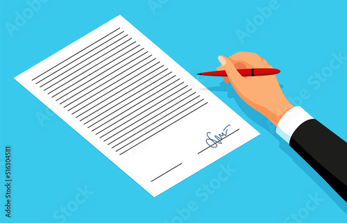 Notary service advertisement. Legal document with hand witnessing legal documents by signature. Execution of documents. Sign agreement accepted by public notary