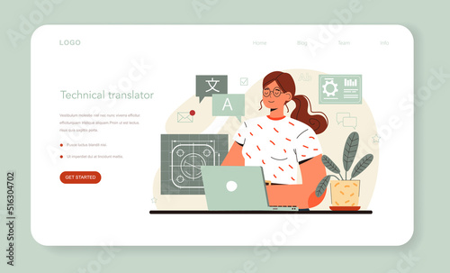 Translator web banner or landing page. Linguist translating document