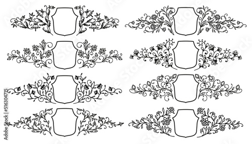 Floral heraldic shields, vintage royal frames and borders, vector baroque ornaments. Heraldry shields with victorian filigree or retro flourish embellishment for heraldic royal emblems or coat of arms