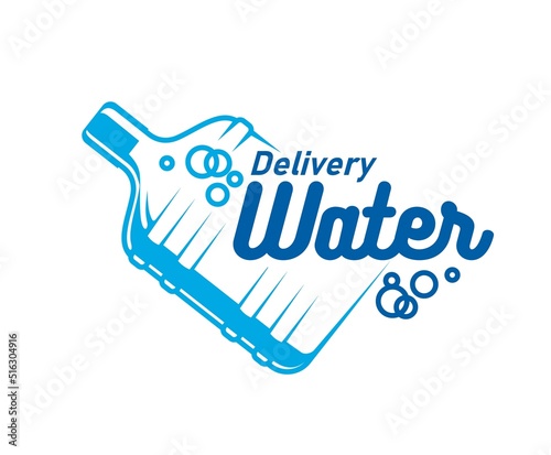 Water delivery icon of bottle with bubbles, vector blue plastic gallon. Water delivery service logistics and distribution company emblem for drinking and mineral water for office or home