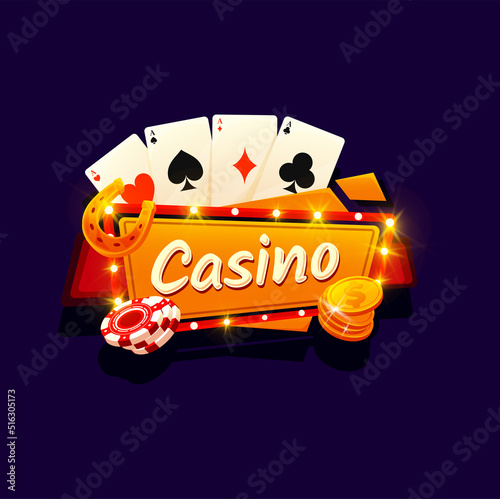 Casino gamble game, poker cards signboard with gold coins and chips, vector cartoon background. Vegas casino gambling slot machine game sign with neon lamps lights and lucky golden horseshoe
