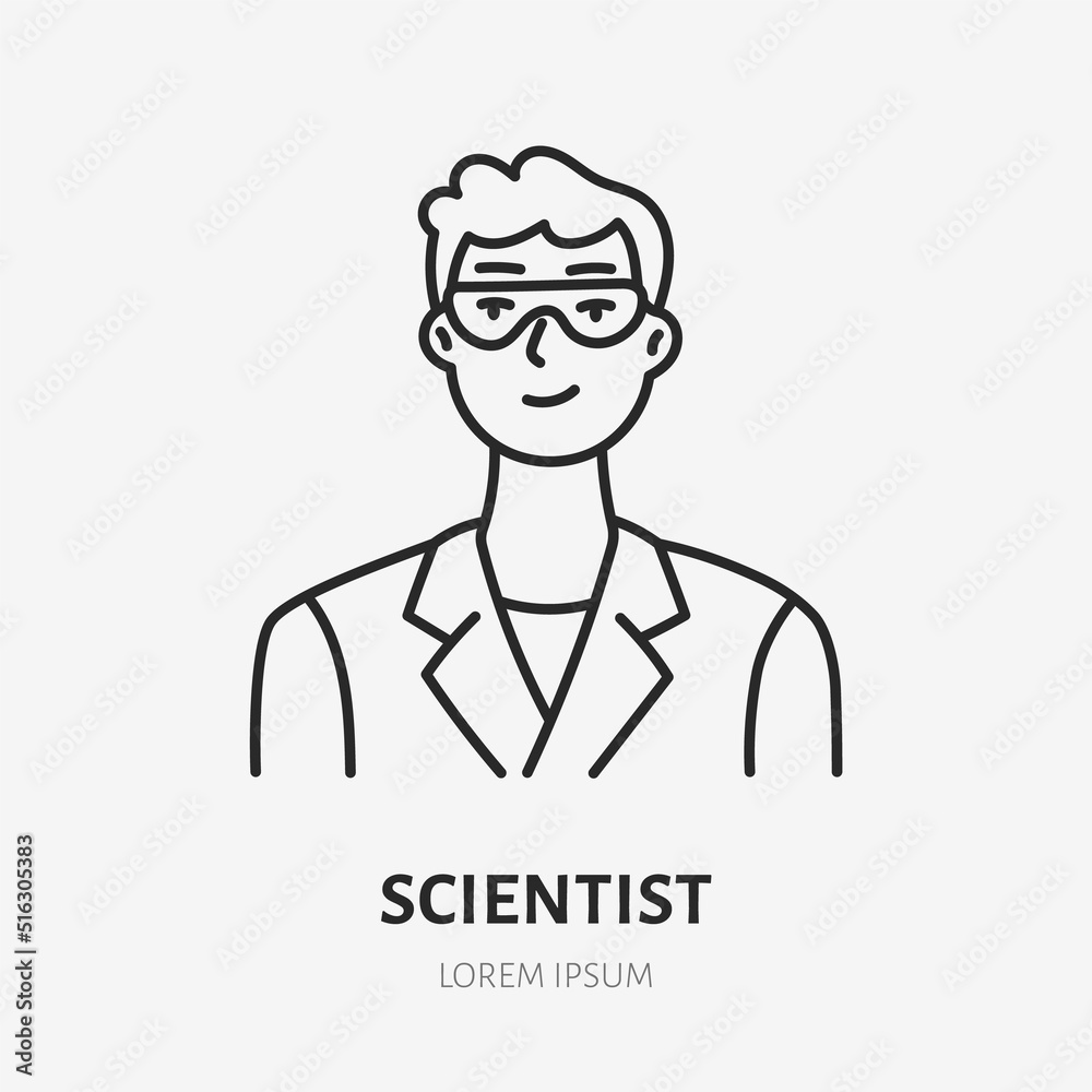 Scientist doodle line icon. Vector thin outline illustration of physicist in glass. Black color linear sign for professional specialist