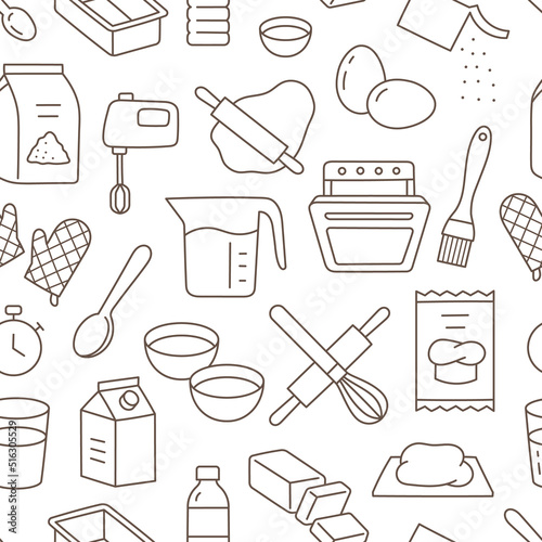 Baking doodle brown seamless pattern. Vector background included line icons as - rolling pin, dough, mixer, yeast, butter, flour, bowl, egg, milk. Wallpaper for bread and confectionery