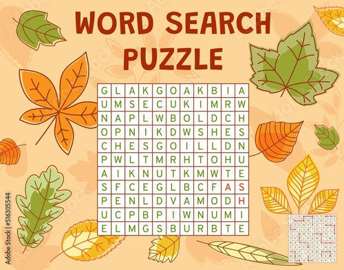 Autumn tree leaves word search puzzle game worksheet, quiz grid. Vector kids crossword, brainteaser for children with maple, oak, birch and chestnut, willow, aspen or elm, ash, viburnum fall leaves