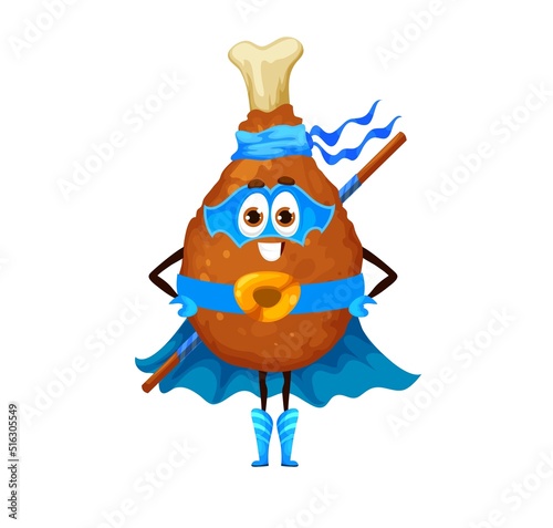 Cartoon chicken leg superhero character. Fast food cafe or restaurant meat meal mascot, defender happy personage. Comical chicken leg vector character in superhero mask and cape, armed with staff
