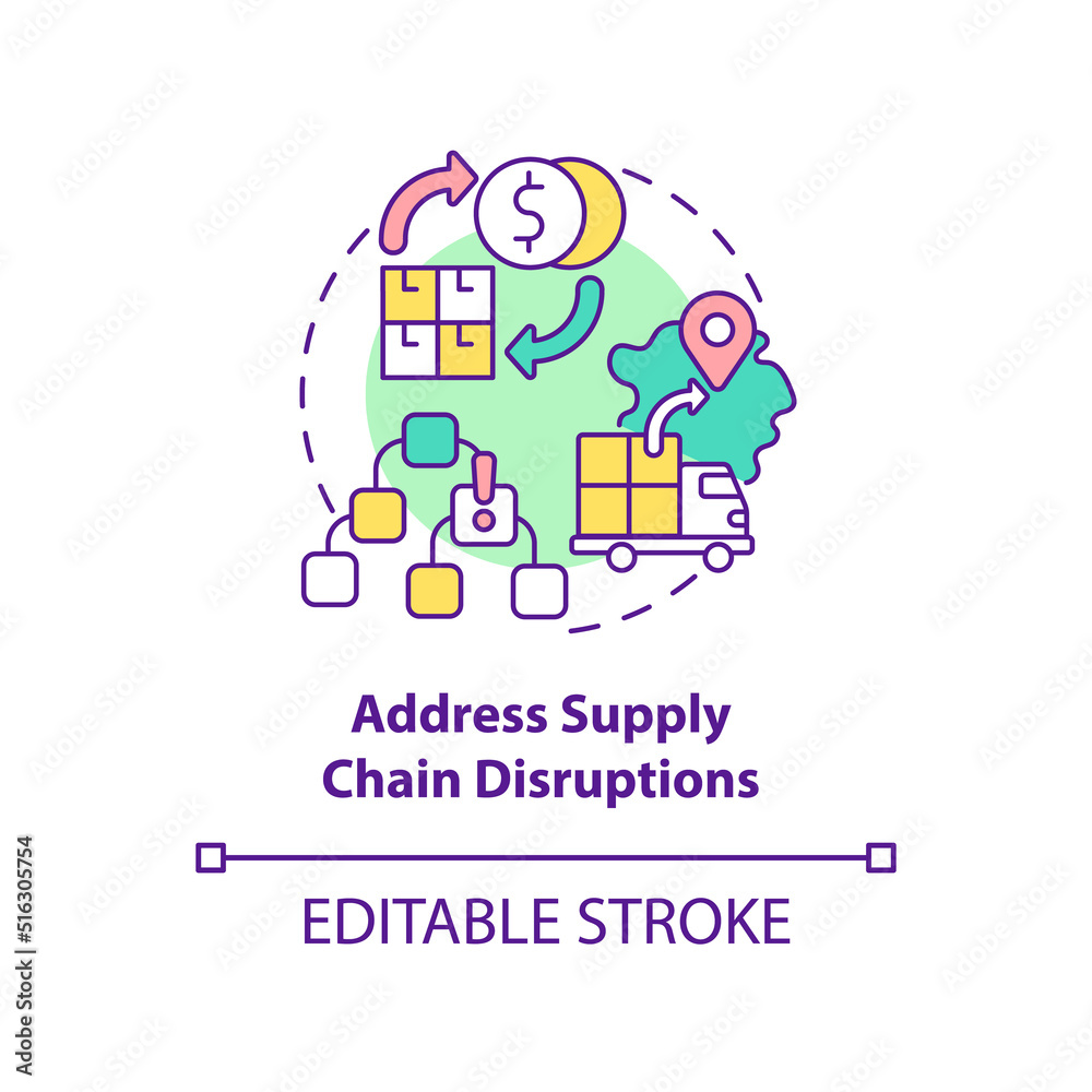 Address supply chain disruptions concept icon. Dealing with inflation in business abstract idea thin line illustration. Isolated outline drawing. Editable stroke. Arial, Myriad Pro-Bold fonts used