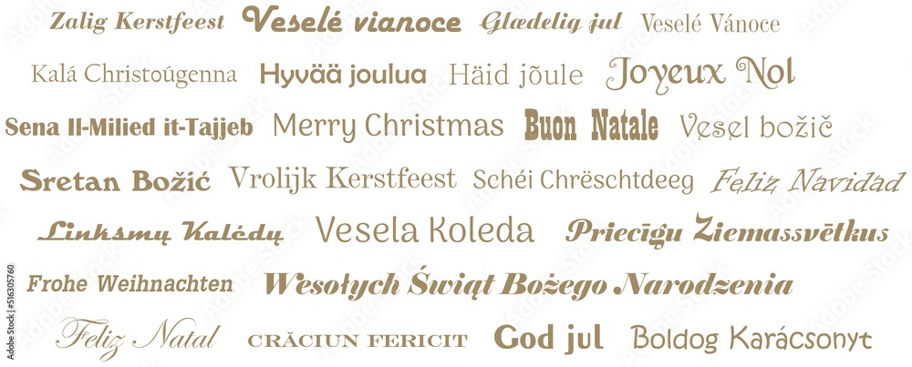 Frohe Weihnachten. Kalligrafischer Gruß Vektor in allen Sprachen der Europäischen Union in Gold. Weiser Hintergrund.
Für Hintergründe, Kalender, Einladungen, Grußkarten etc.