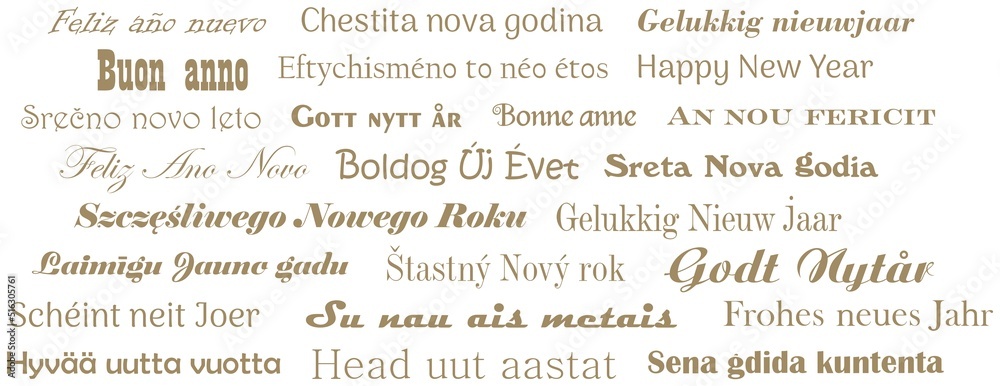 Frohes neues Jahr. Kalligrafischer Gruß Vektor in allen Sprachen der Europäischen Union in Gold. Weiser Hintergrund.