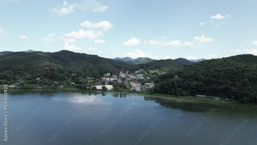 Aerial Drone of Small Riverside Town in Korea Aerial Drone of Small Riverside Town in Korea