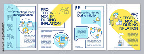 Protecting money during inflation blue and yellow brochure template. Leaflet design with linear icons. Editable 4 vector layouts for presentation, annual reports. Questrial, Lato-Regular fonts used