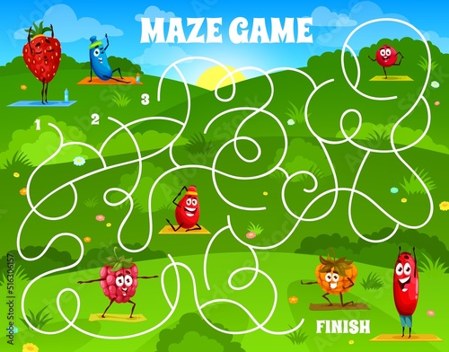 Labyrinth maze game, cartoon berry characters on yoga fitness, vector kids puzzle worksheet. Strawberry, raspberry and cranberry on fitness sport in labyrinth maze to find way with start and finish