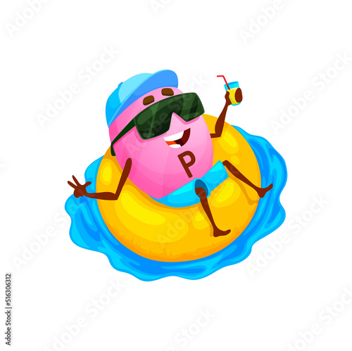 Cartoon phosphorus micronutrient character on floater ring. Vector vitamin P element personage wear sunglasses relax with cocktail on tropical ocean beach or pool, tanning and relaxing on vacation