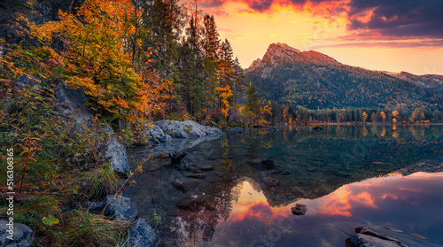 Calm autumn scene of Hintersee lake with Hochkalter peak on background, Germany, Europe. Colorful morning view of Bavarian Alps. Beauty of nature concept background.