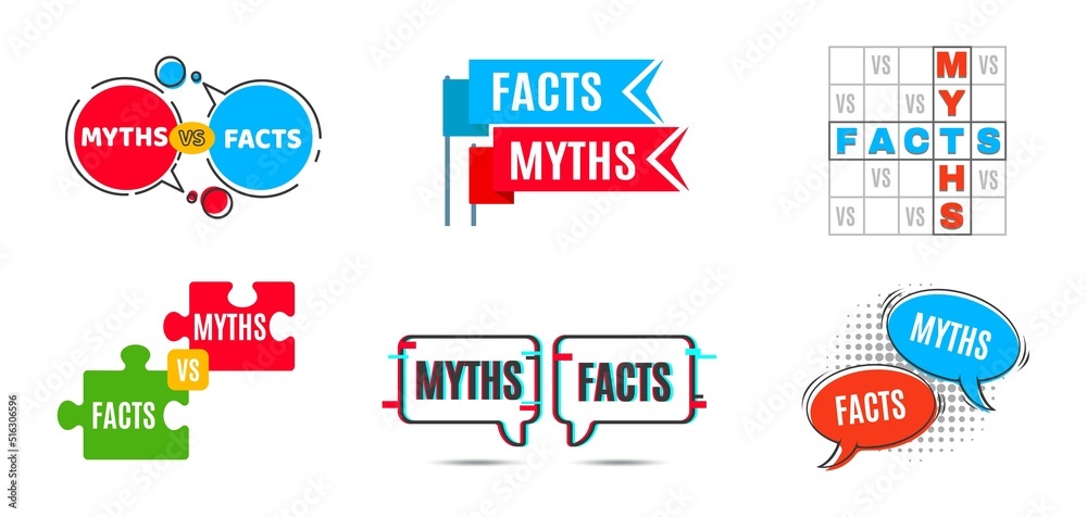 Myths vs facts icons, truth and false badge popups, vector true and fiction bubbles. Myths vs facts banners or reality and fake badges, flags and puzzle with crossword sign and chat bubbles
