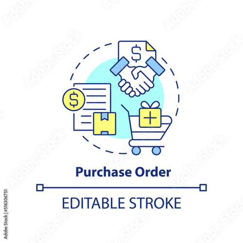 Purchase order concept icon. Type of contract abstract idea thin line illustration. Ordering goods from supplier. Isolated outline drawing. Editable stroke. Arial, Myriad Pro-Bold fonts used