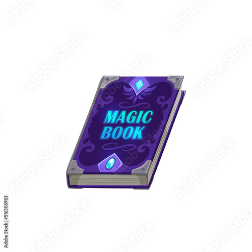 Halloween spellbook, ancient magic book with alchemy recipes, mystic spells and enchantments with old purple ornate mysterious cover front view. Game ui graphic, witchcraft element, wizard education