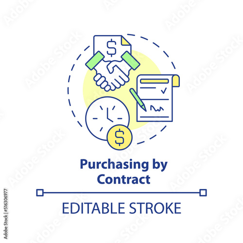 Purchasing by contract concept icon. Purchase order in business abstract idea thin line illustration. Contractual relation. Isolated outline drawing. Editable stroke. Arial, Myriad Pro-Bold fonts used