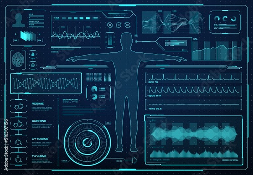 HUD interface, health care and medicine graphs, charts and infographics, vector futuristic medical technology, HUD interface with human body hologram, medical diagnostics and future biomedicine screen