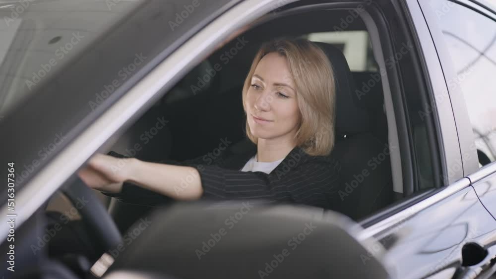 Portrait of an elegant business lady in a new car dealership. Attractive woman and car. Portrait of an elegant business lady in a new car dealership. Attractive woman and car.