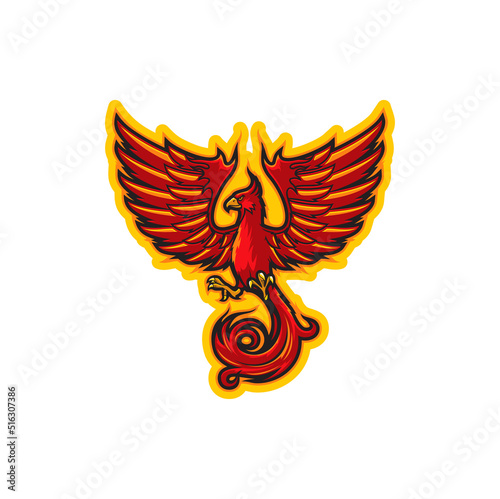 Phoenix bird mascot for sport team or players club, vector emblem. Basketball or baseball college and football soccer or hockey varsity league players mascot badge with phoenix bird in fire flames