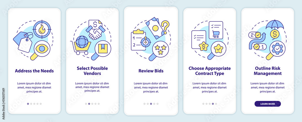 Steps of procurement process onboarding mobile app screen. Review bids walkthrough 5 steps editable graphic instructions with linear concepts. UI, UX, GUI template. Myriad Pro-Bold, Regular fonts used