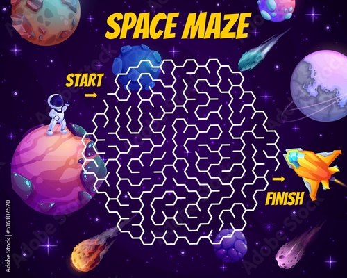 Space labyrinth maze game, cartoon astronaut and galaxy planets, vector worksheet. Kids escape puzzle or labyrinth maze with start and finish for spaceman, rocket shuttle or galactic spaceship